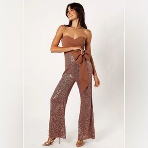 Brown Sequin Strapless Dress with Bow - Jacquelin Bow Waist Sequin Jumpsuit